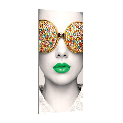 Tall trade show display featuring artistic woman's face with jeweled sunglasses and vibrant lips for exhibitions and events