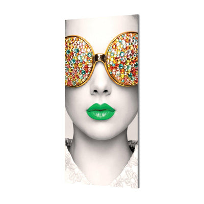 Modern art print with close-up of face wearing decorative large sunglasses and bold lipstick for trade show display