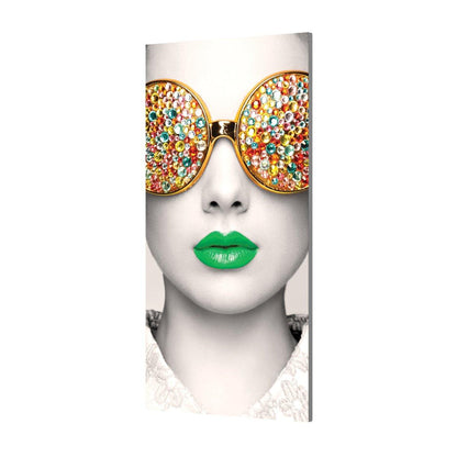 Modern art print with close-up of face wearing decorative large sunglasses and bold lipstick for trade show display