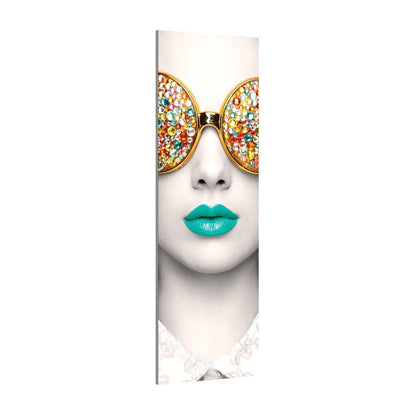 Vertical trade show display with stylized woman wearing embellished sunglasses and bold lips art