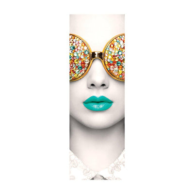 Close-up of stylish face with jeweled round sunglasses and bold lips, ideal for trade show displays