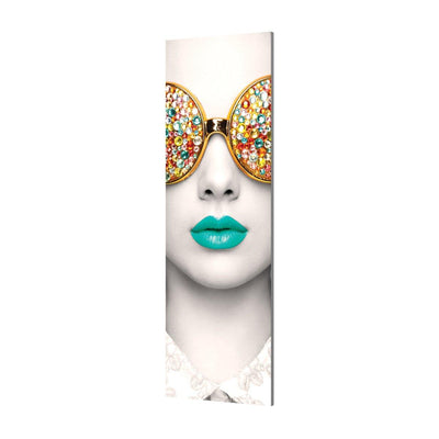 Tall display panel featuring close-up of face with embellished sunglasses and glossy lips for trade show decor