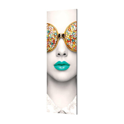 Tall display panel featuring close-up of face with embellished sunglasses and glossy lips for trade show decor