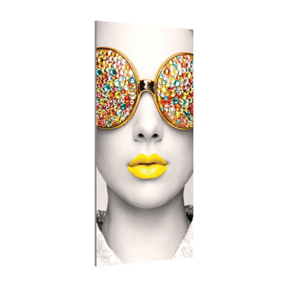 Tall trade show display featuring close-up of face with jeweled sunglasses and vibrant lips for exhibitions