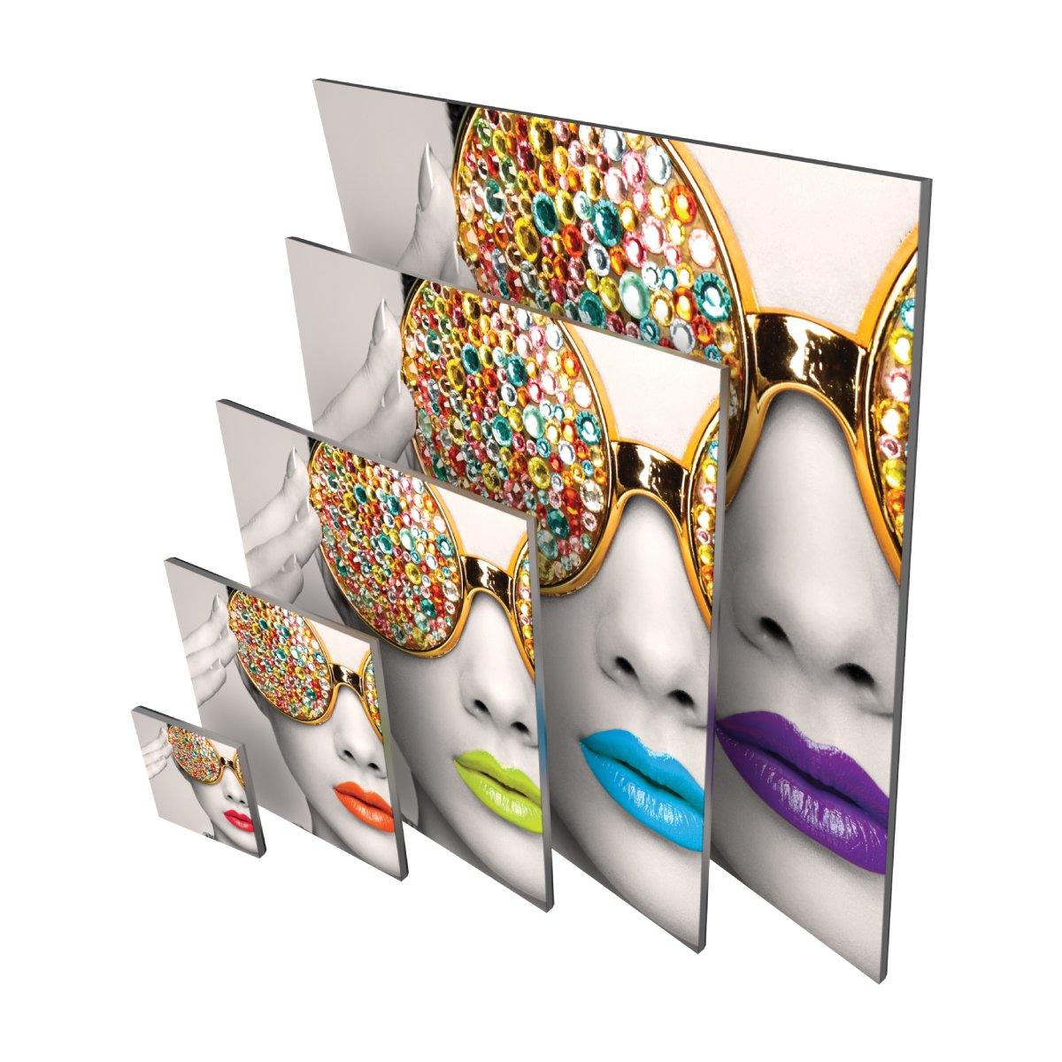 Various sizes of vibrant wall displays featuring a fashion portrait with embellished sunglasses for trade shows