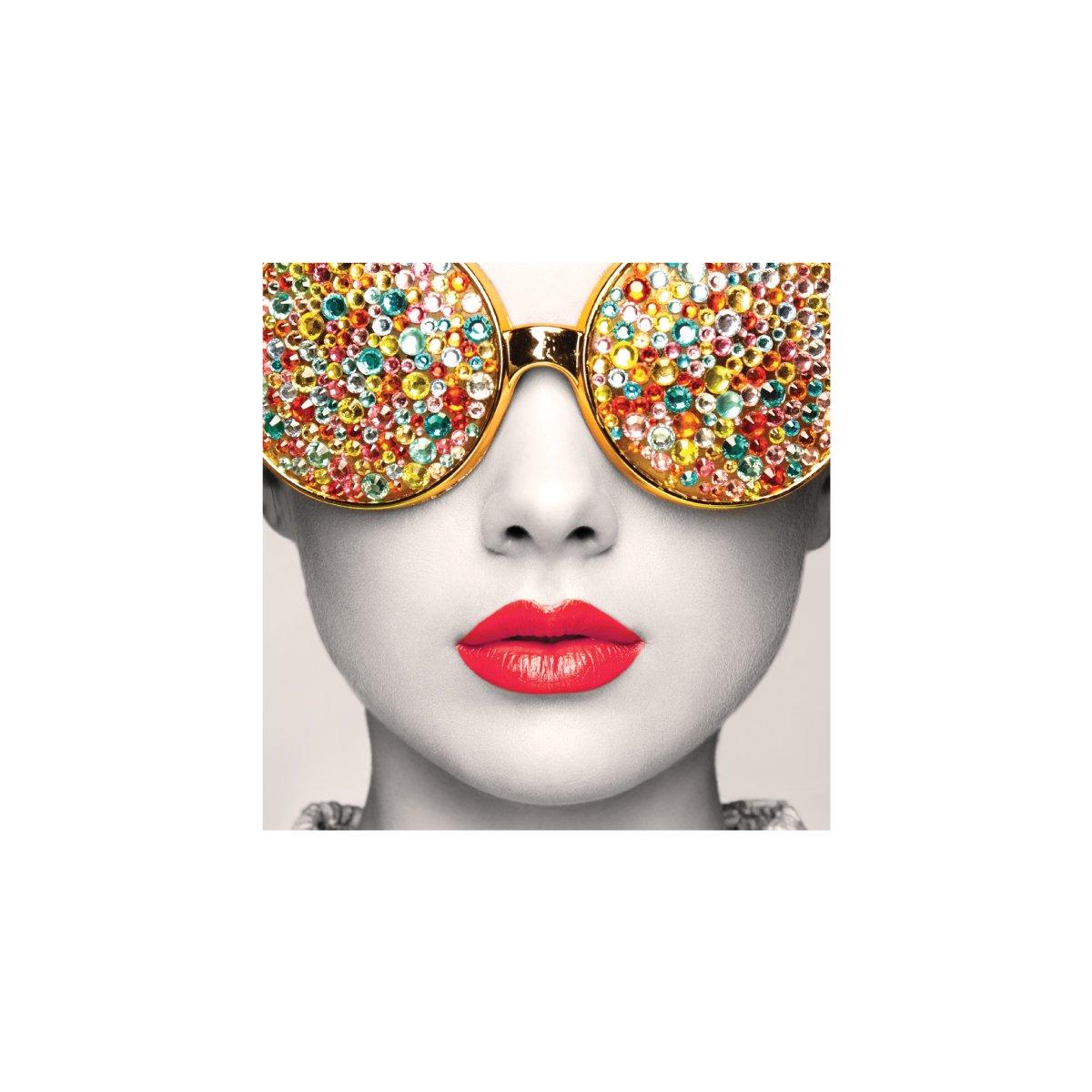Decorative wall display featuring artistic close-up of a face with embellished sunglasses and red lips for trade shows
