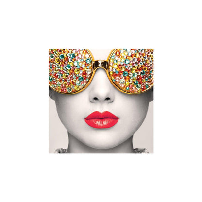 Decorative wall display featuring artistic close-up of a face with embellished sunglasses and red lips for trade shows