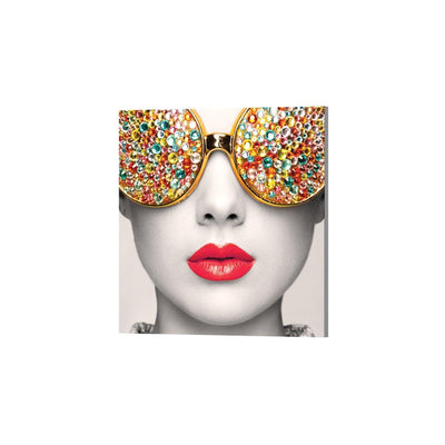 Exhibition wall display featuring a close-up portrait with embellished sunglasses and vibrant lips for trade shows