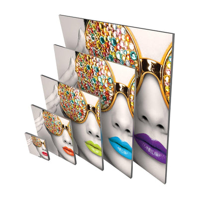 Set of trade show display panels featuring close-up face with jeweled sunglasses and colorful lips for exhibitions