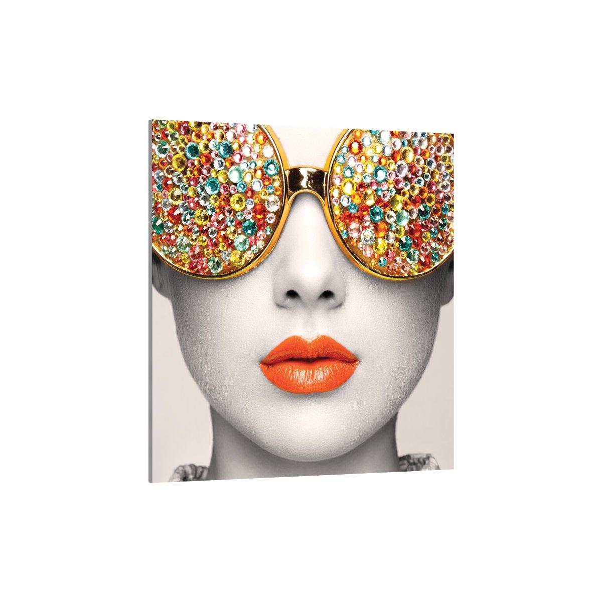 Close-up trade show display featuring modern artwork with jeweled glasses and vibrant lips for exhibition decor