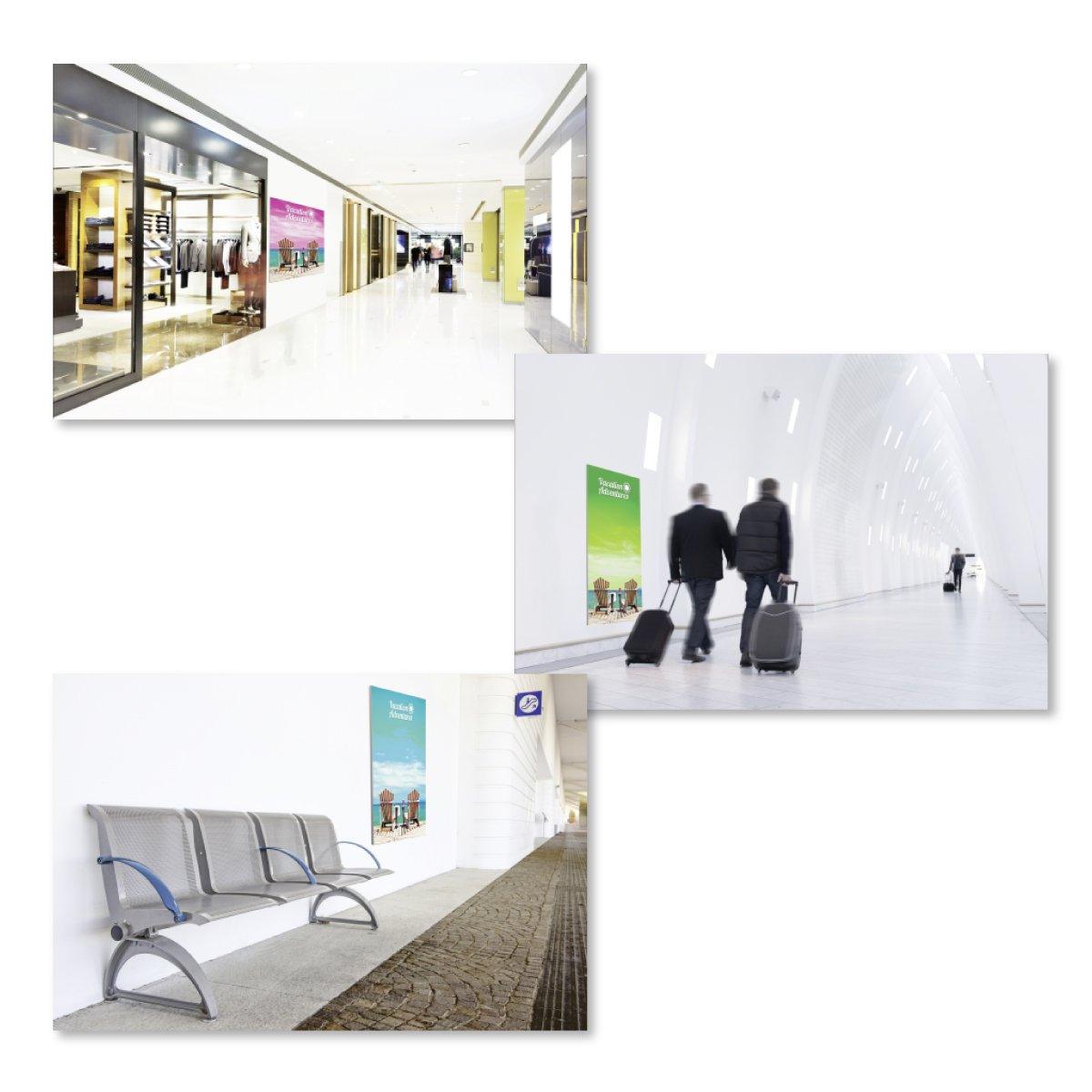 Indoor and outdoor trade show display frames showcasing event advertising in hallways and waiting areas