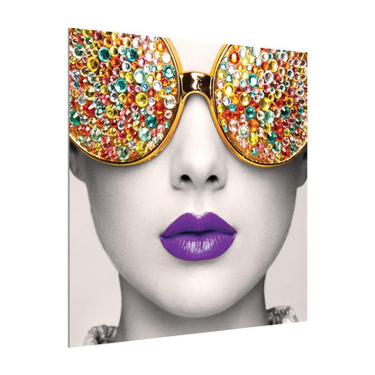 Close-up of branded wall display featuring artistic sunglasses graphic for trade shows and exhibitions