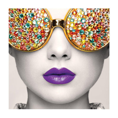 Artistic face wall display featuring oversized gem-studded sunglasses and bold lips for exhibitions and trade shows