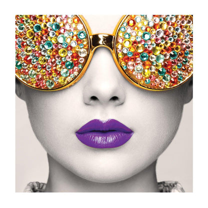 Artistic face wall display featuring oversized gem-studded sunglasses and bold lips for exhibitions and trade shows