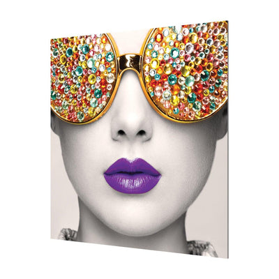 Modern trade show display featuring stylish close-up portrait with embellished sunglasses and vibrant lips