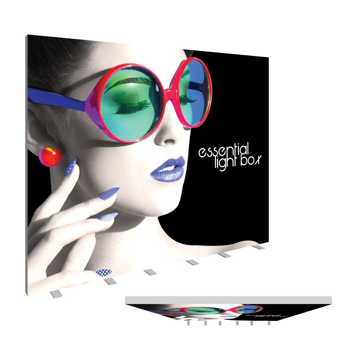 Essential light box trade show display featuring artistic portrait with large sunglasses and bold graphics