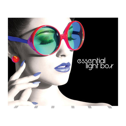Graphics of woman wearing oversized sunglasses on an essential light box backdrop for trade show displays