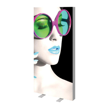 Vertical trade show fabric display featuring close-up of face with large round sunglasses for exhibitions and events