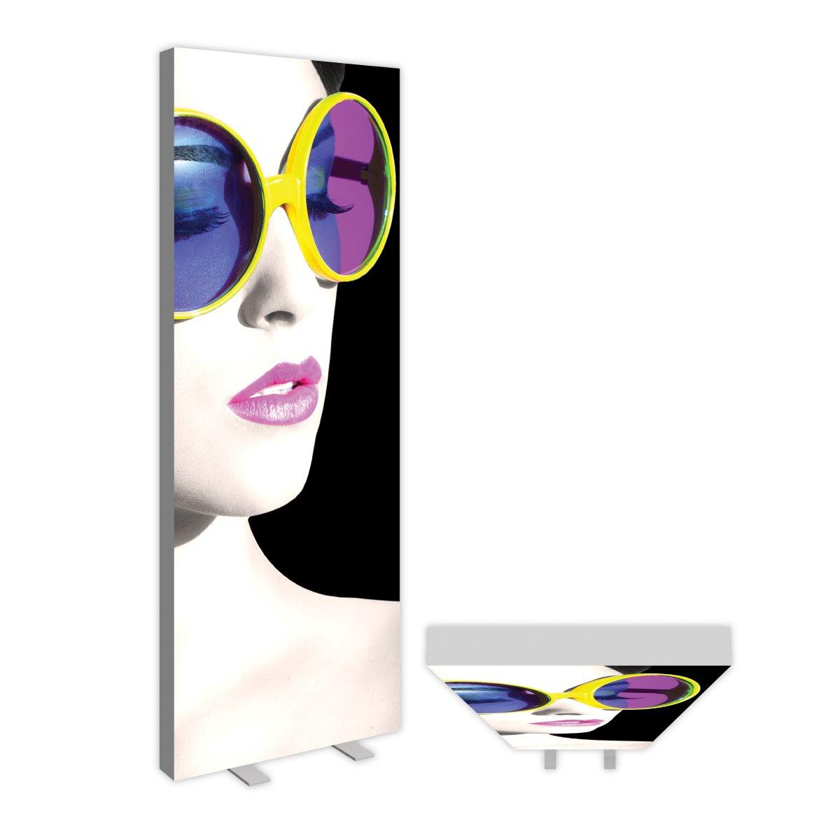 Tall lightbox display with close-up image of woman wearing large round sunglasses for trade show or event branding