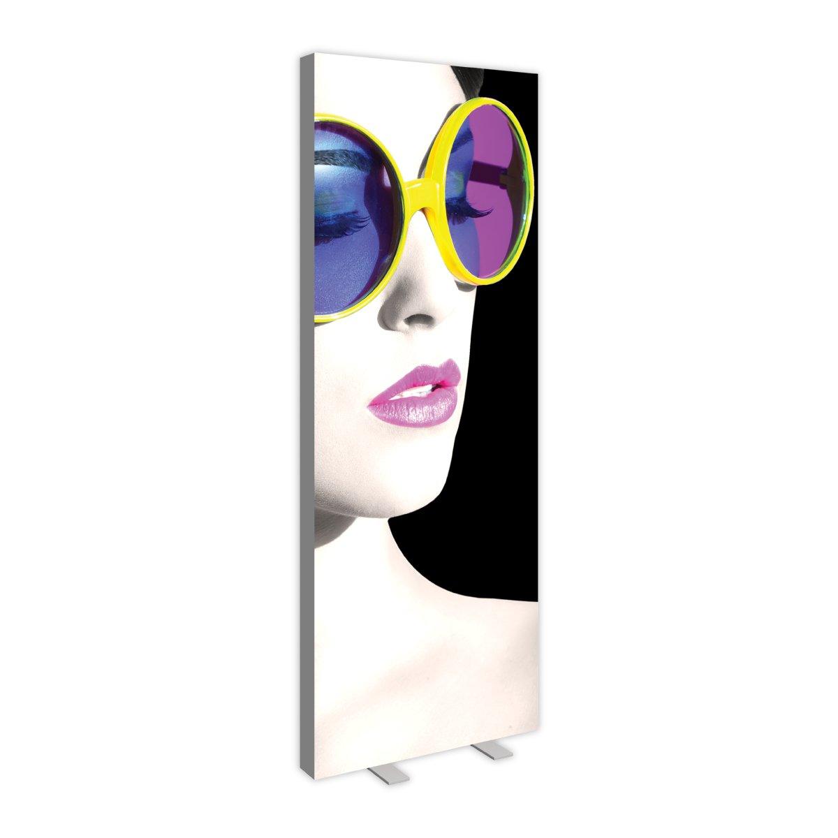 Tall lightbox display featuring close-up of woman wearing large round sunglasses, ideal for trade shows and exhibitions