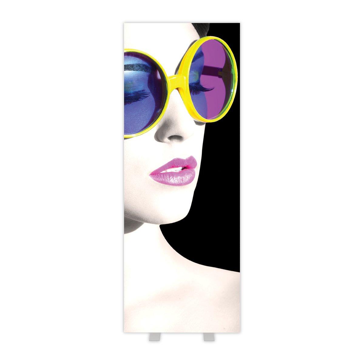 Tall vertical lightbox display featuring a stylized fashion portrait with oversized sunglasses for trade shows and exhibitions