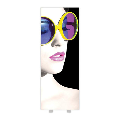 Tall vertical lightbox display featuring a stylized fashion portrait with oversized sunglasses for trade shows and exhibitions