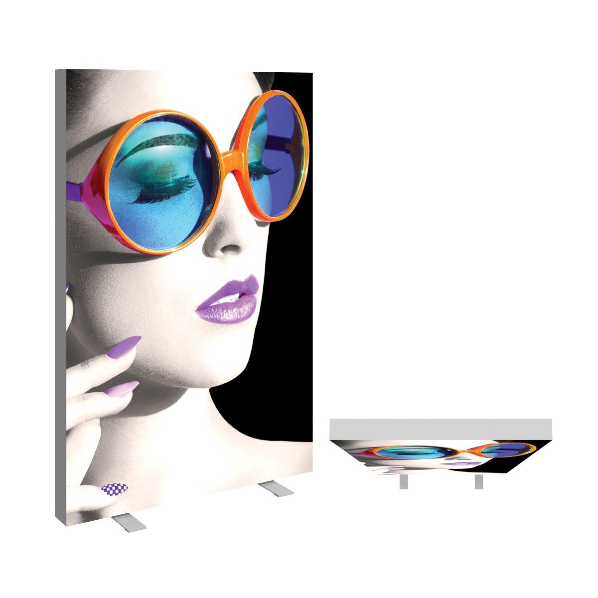 Lightbox display featuring stylish woman with oversized round sunglasses for trade show exhibitions