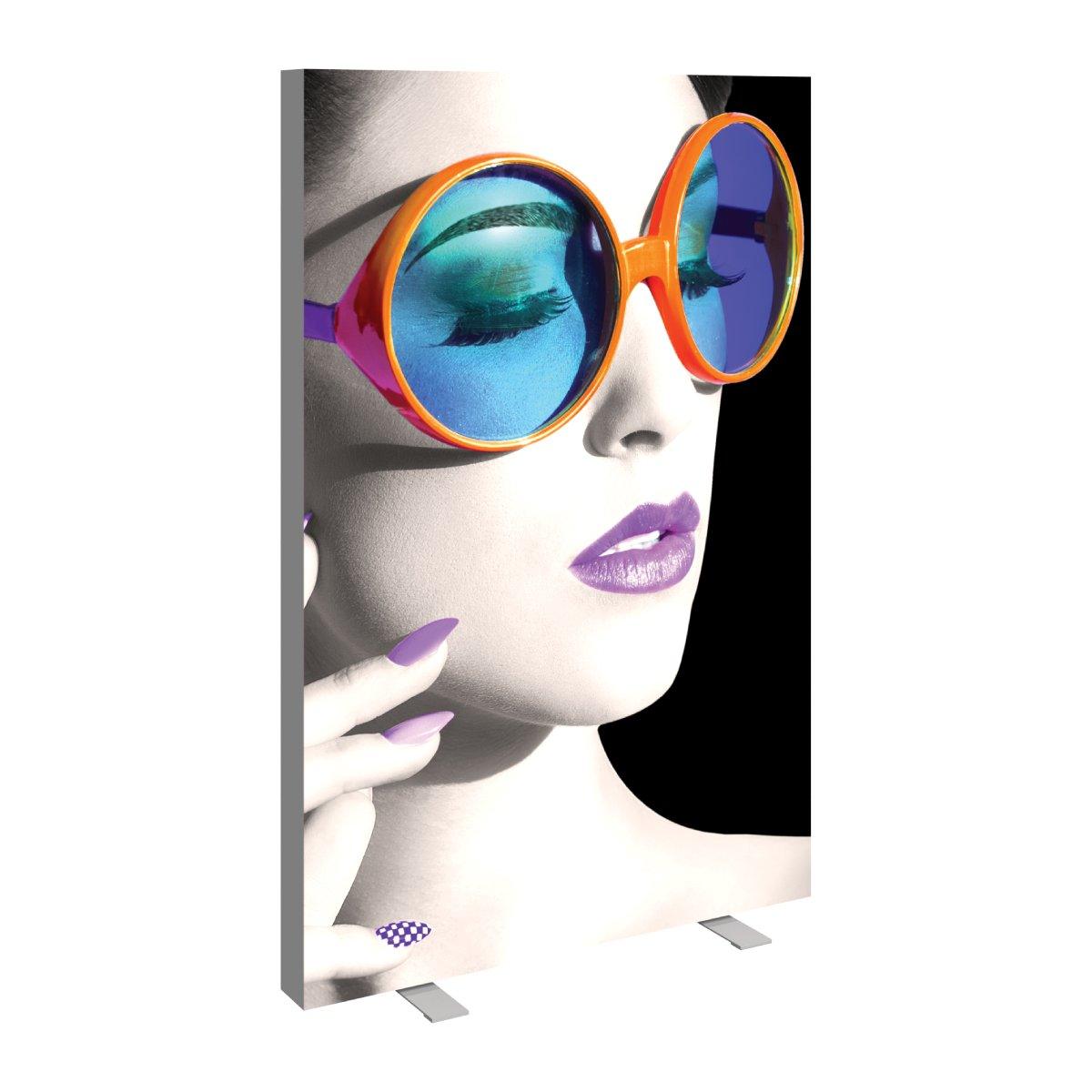 Large vertical lightbox display featuring close-up of a woman wearing oversized sunglasses, ideal for trade shows and exhibitions