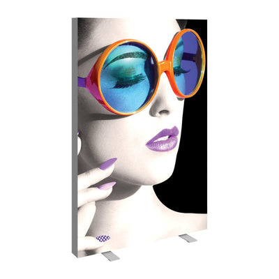Large vertical lightbox display featuring close-up of a woman wearing oversized sunglasses, ideal for trade shows and exhibitions