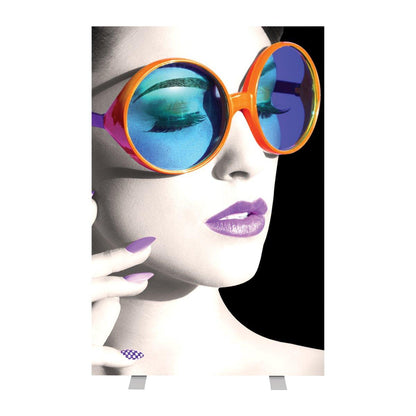 Large vertical display banner featuring close-up of woman with oversized round sunglasses for trade shows