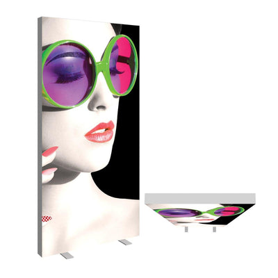 Large vertical fabric lightbox display featuring a close-up portrait with oversized sunglasses for trade shows and exhibitions