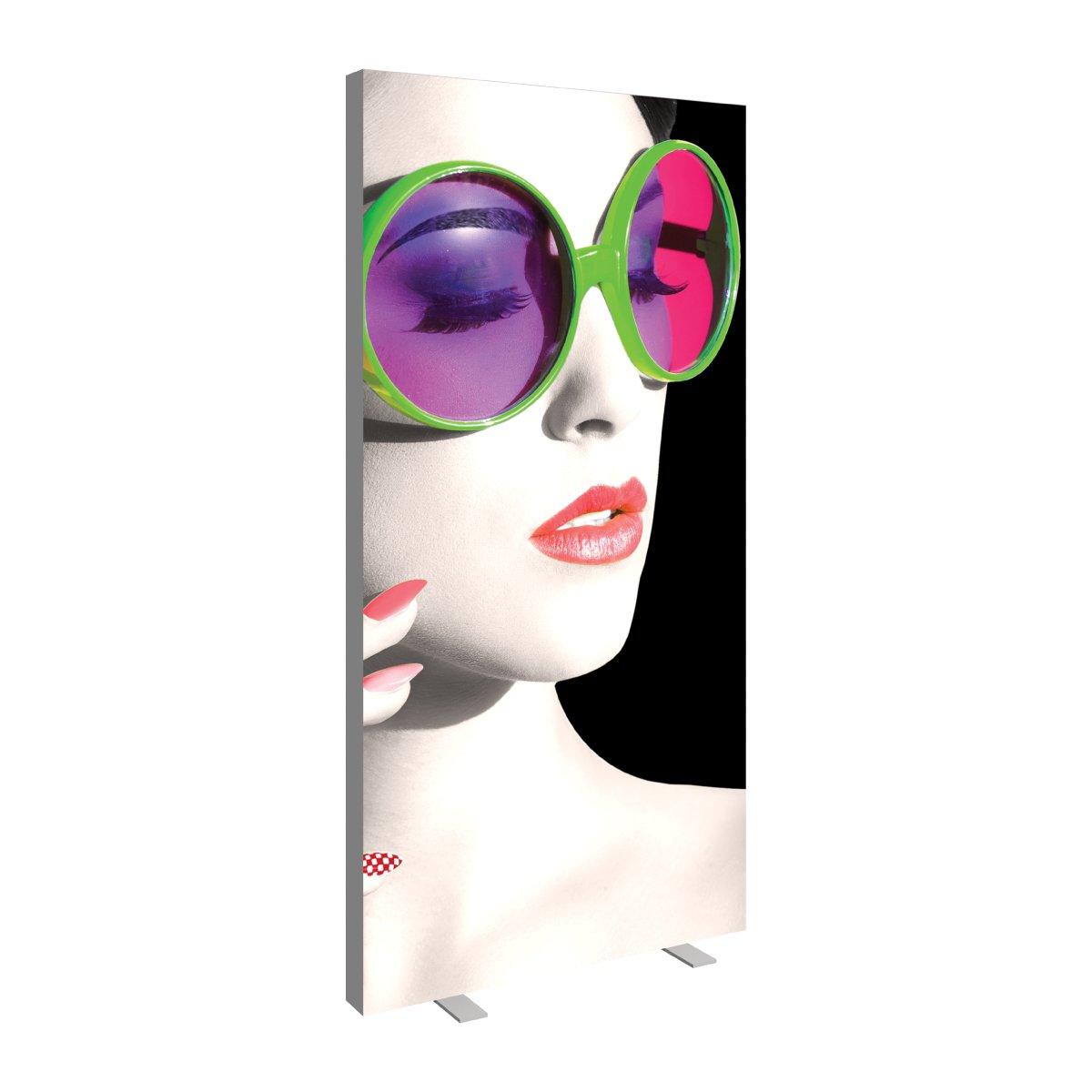 Tall fabric display panel featuring close-up of stylish woman with oversized sunglasses, perfect for trade shows and exhibitions