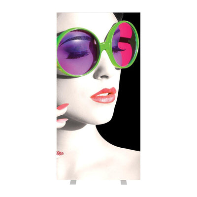 Large vertical trade show lightbox featuring close-up of woman with oversized round sunglasses and red lips