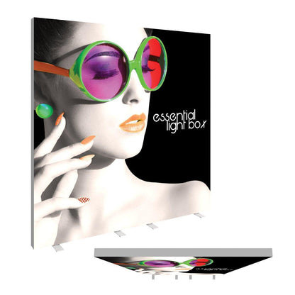 Essential lightbox trade show display featuring a stylish woman's portrait with large round sunglasses