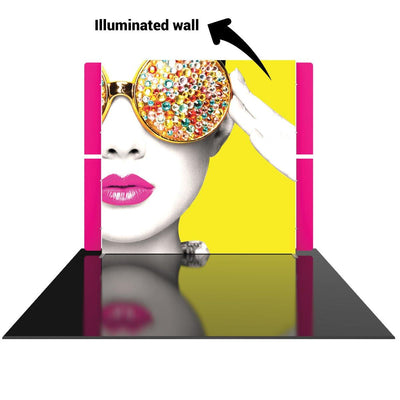 Trade show illuminated wall display featuring a stylized portrait with jeweled glasses for exhibitions and events