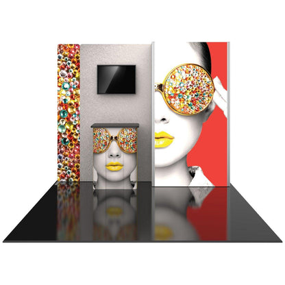 Backlit trade show display with vibrant graphics, TV mount, and portable counter for exhibitions