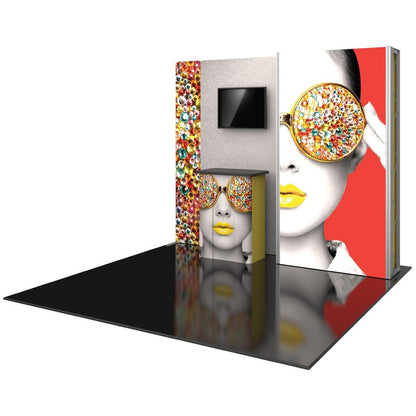 Trade show display with vibrant graphic panels and monitor for exhibitions and special events