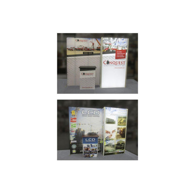 Trade show booth displays with backlit panels and counters showcasing construction and building services for exhibitions and events