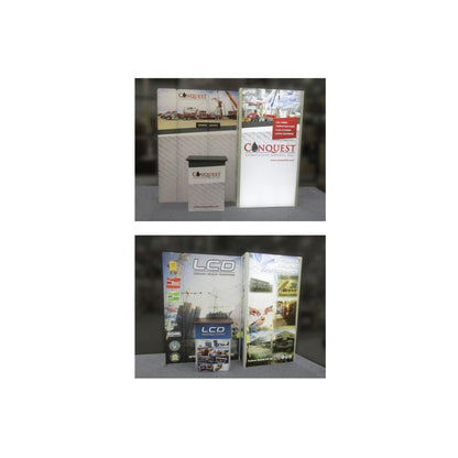 Trade show booth displays with backlit panels and counters showcasing construction and building services for exhibitions and events