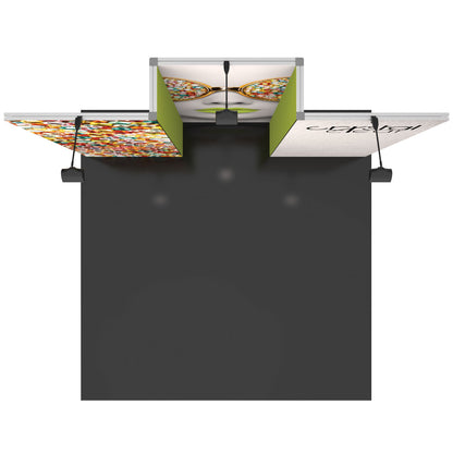 Trade show display booth with graphic panels and spotlight lighting for exhibitions and events