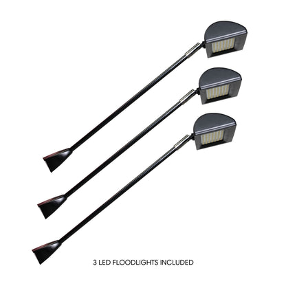 Three LED floodlights with long adjustable arms for trade shows, exhibitions, and special events