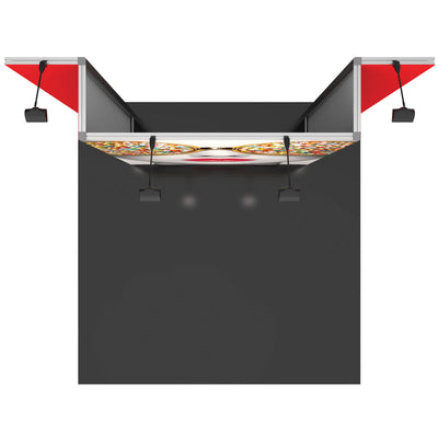 Exhibition booth frame with overhead backlit panel and adjustable spotlights for trade shows