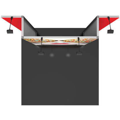 Exhibition booth frame with overhead backlit panel and adjustable spotlights for trade shows