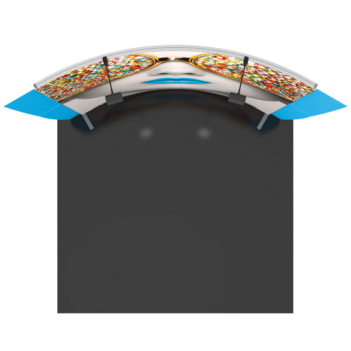 Curved trade show display booth with graphic of face wearing jeweled sunglasses and event lighting fixtures