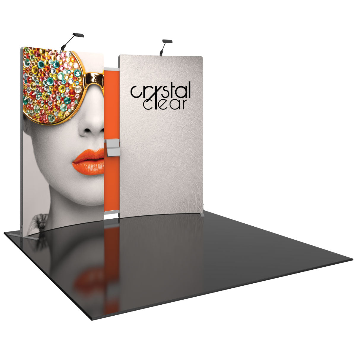 Trade show pop-up display with graphic panels and overhead lights for exhibitions and special events