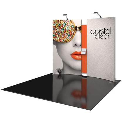 Curved trade show display with vibrant face graphic and brand logo for exhibitions and special events
