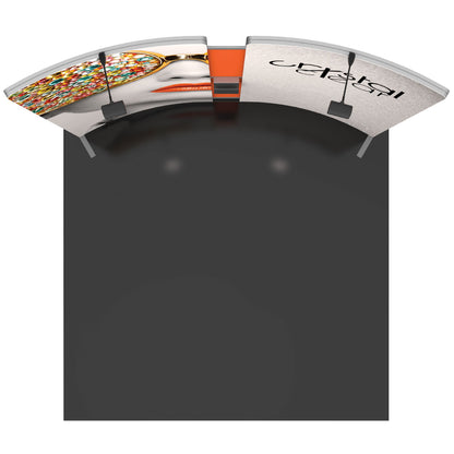 Curved trade show display booth with graphic panels and overhead lights for exhibitions and events