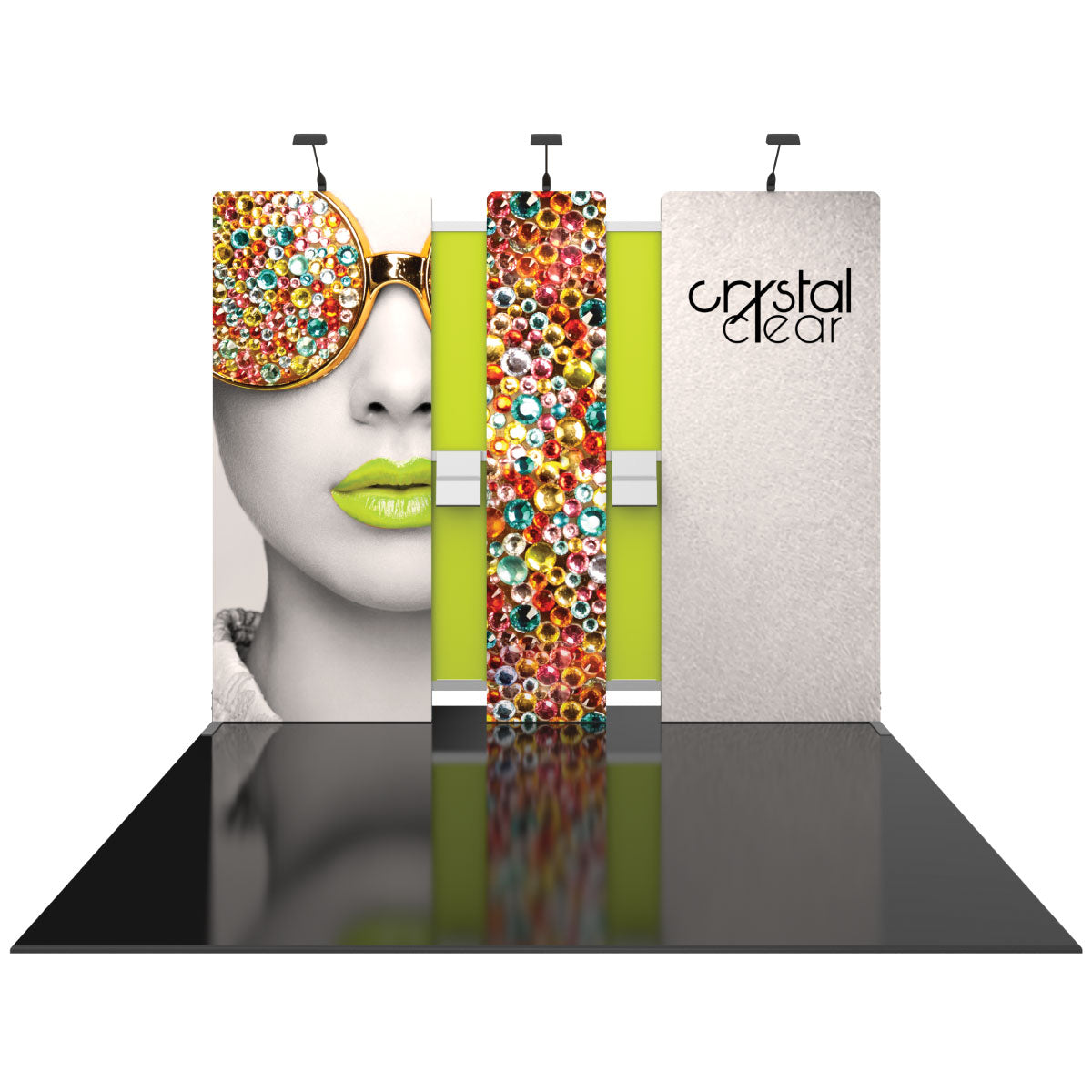 Trade show display with large panels featuring sunglasses with gems, colorful gems pattern, and Crystal Clear branding