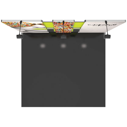 Top view of modular trade show display with graphic panels, overhead lighting, and central table
