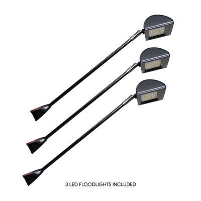 Set of three LED floodlights with adjustable long arms for trade shows and event lighting